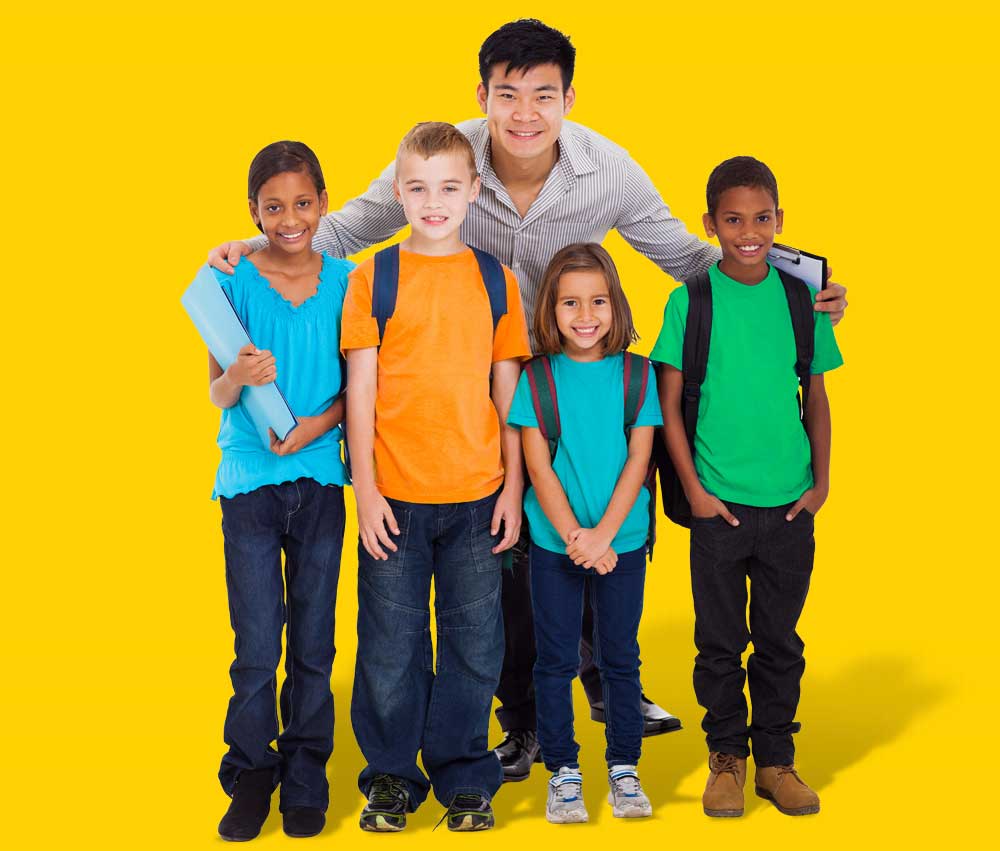 kids and teacher standing together